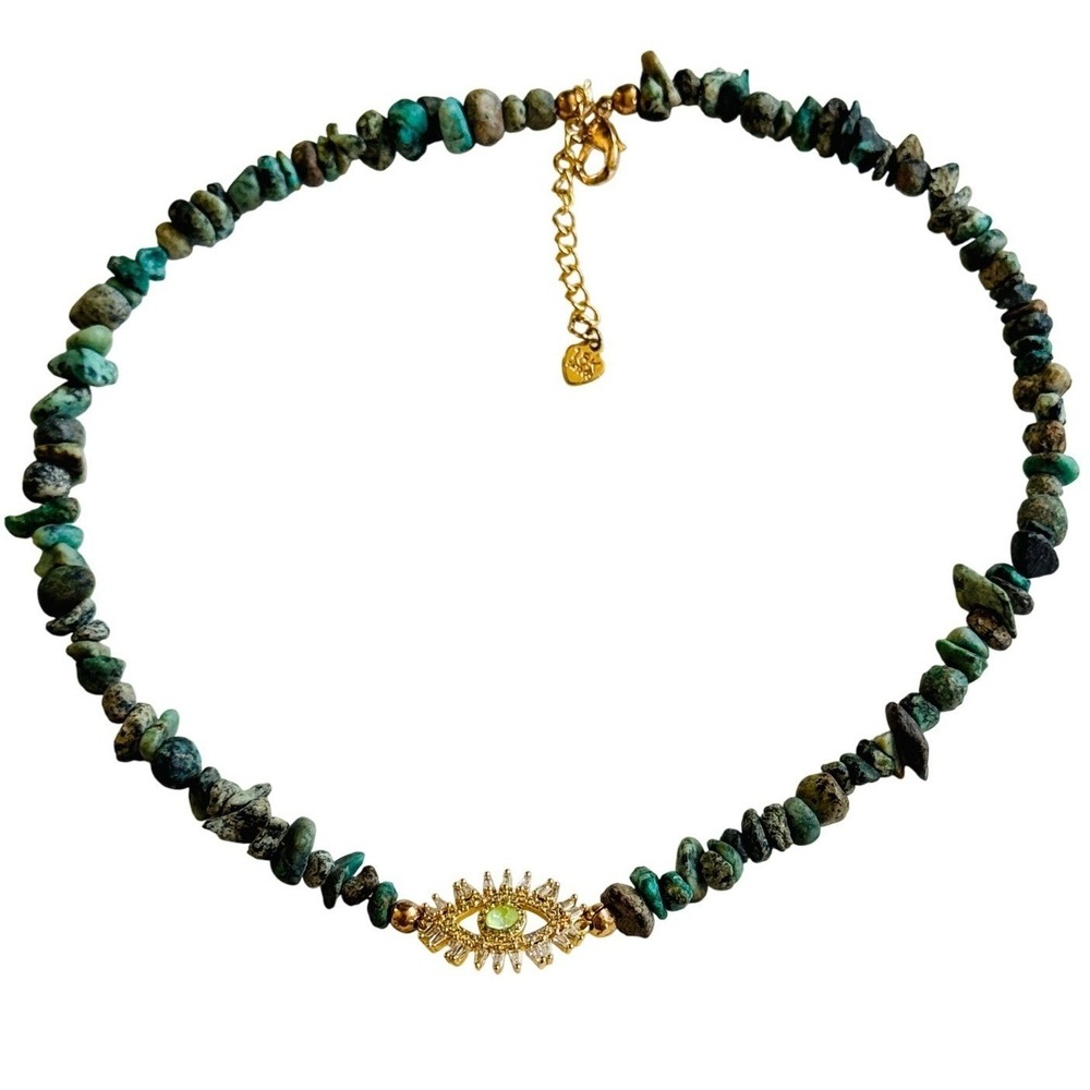 Evil eye Necklace Natural blue Turquoise Beaded Genuine 18k Gold plated 16" boho